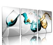 Wine Glasses Kitchen Wall Decor Abstract Wine Cups Pictures Artwork Teal and Yellow Paintings 3 Panel Canvas for Living Room Decor Giclee Framed Stretched Ready to Hang-Small 14x20inchx3Pcs