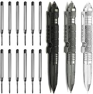 Origin-Joy 3 Pack Tungsten Steel Military Tactical Pen Set, Multifunctional EDC Self Defense Pen With 12 Ballpoint Refills (Black & Gray & Silver)