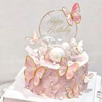 Hazyore Pink Butterfly Cake Toppers, 11pcs Butterfly Cupcake Toppers Happy Birthday Metal Gold Cake Topper for Girls Women's Birthday Cake Party Decorations