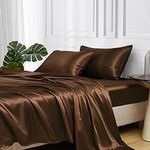 MR&HM Satin Bed Sheets, Queen Size Sheets Set, 4 Pcs Silky Bedding Set with 15 Inches Deep Pocket for Mattress (Queen, Brown)