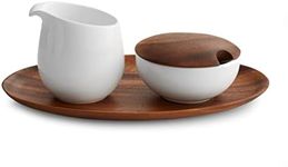 nambe Skye Collection Creamer Set | 3-Pc Set | Porcelain Sugar Bowl with Lid and Creamer Jug Set with Acacia Wood Serving Tray | White | Designed by Robin Levien