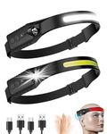 Coyonce 2 Packs Head Torch Rechargeable, Lightweight Headlamp Wide Beam Head Torches LED Super Bright Rechargeable 7 Modes Motion Sensor 230° Adjustable IPX4 Waterproof Headlight for Camping Running