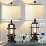 Modern Table Lamps, Industrial 3-Way Dimmable Bedside Lamp with USB A+C Ports & AC Outlet, Touch Control Rustic Nightstand Lamp LED Night Light for Living Room Bedroom Decor Home(4 Bulbs Included)