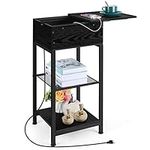 Tall End Table with Charging Station Black Nightstand Narrow End Table with Storage Shelf for Small Spaces, Living Room, Bedroom, Black