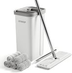 JOYMOOP Microfiber Mop and Bucket Set, White Flat Mop and Bucket with Wringer Set for Home Floor Cleaning, Microfiber Mopper with Flat Head with 5 Microfiber Cloths