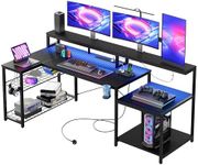 Bestier 181CM L-Shaped Gaming Desk with RGB LED Lights, Power Outlets, USB Ports, Carbon Fibre Surface, Monitor Stand, Storage Shelf, Cup Holder & Headset Hook
