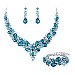 BriLove Bridal Jewellery Set for Wedding Women Austrian Crystal Teardrop Cluster Statement Necklace Dangle Earrings Link Bracelet Set Sky Blue Silver-Tone