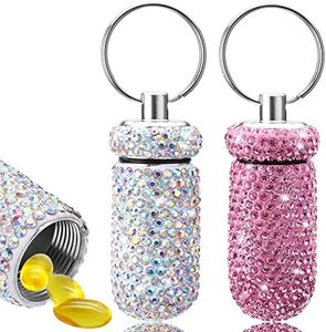 cobee Contenedor de píldoras brillante, 2 piezas, impermeable, portátil, mini pastillero de cristal, caja de almacenamiento de píldoras con llavero para viajes al aire libre camping