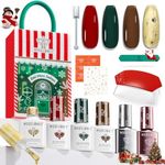 Modelones Gel Nail Polish Kit With U V Light, 4 Colors Gel Mini Salon, Christmas Red Brown Green Gold Cat Eye Magnetic Manicure Set, Xmas Stickers Base Top Coat, Fall Winter Holiday Gift For Women