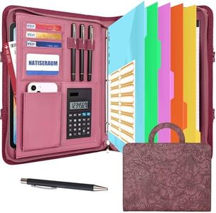 NATISERAUM Portfolio Organizer - 3 Ring Binder with Handle, Vegan Leather Business Padfolio Folder with Notepad, Includes 5 Dividers with 10 Pockets for Documents Files