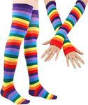 YELAIVP Stripe Rainbow Thigh High Socks Over Knee Socks Fingerless Gloves Set Cosplay Accessories Arm Leg Warmers for Girls Women