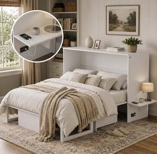 Softa Queen Murphy Bed Cabinet with 6" Tri-Fold Mattress, Storage Drawer & Charging Station, 1200 Lb Heavy Duty Wood Wall Bed with Fold-Down Desk for Guest Room & Home Office, No Box Spring Needed