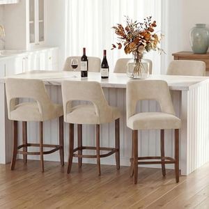 UVV Bar Stools Set of 6, Upholstered Counter Height Bar Stools, Modern Counter Stools with Wood Legs for Kitchen Island Dining Room Bar, Beige