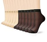 12 Pairs Ankle Nylon Socks for Women - 20D Sheer Pantyhose Socks (6 Black & 6 Nude)