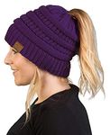 Funky Junque Women's Beanie Ponytail Messy Bun BeanieTail Solid Ribbed Hat Cap, Purple, One Size