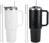 Insulated 40oz Tumbler with Handle and Straw Lid, Leak-Proof Travel Mug Cupholder Friendly, Coffee Mug, Stainless Steel Insulated Cup for Beverages, Keeps Cold or Hot All Day(Leopard)