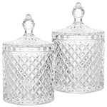 JJYHEHOT Set of 2 Crystal Glass Jars with Lids 300ml, Home Decor Glass Sweet Jars Diamond Clear Storage Container for Candy Buffet, Snack, Jewelry, Bathroom Kitchen Accessories