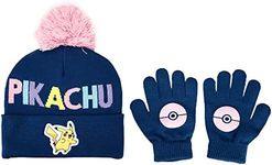 Bioworld Pokemon Pikachu Kids Navy Knit Cuff Pom Beanie and Glove Set