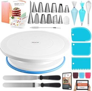 RFAQK 100Pcs Cake Turntable Set - Cake Decorating Supplies Kit with 30 Piping Bags, 12 Numbered Icing Tips, 50 Cupcake Liners, Cake Decorating Tools, 2 Icing Spatula, Scrapper Set