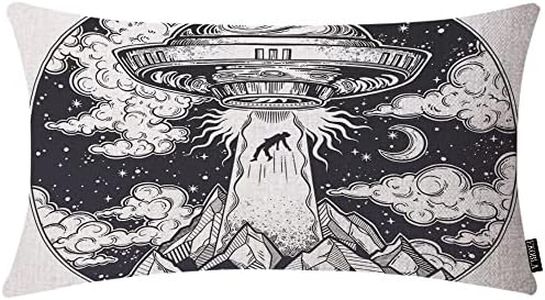 EKOBLA Alien Spaceship Rectangle Pillow Cases Abduction of A Human On Moon Night Mountain Decorative Pillow Covers Cotton Linen Cushion Cover for Home Sofa Couch Decor 12x20 Inches