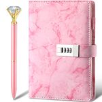 Diary with Lock Marble PU Leather A5 Journal Combination Lock Secret Personal with Diamond Pen(Pink,1 Pcs)