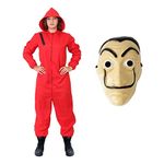 Adults Bank Robber Halloween Costume - Red Jump Suit with Attached Hood and Mask - Adults Halloween Fancy Dress Costume (Medium)