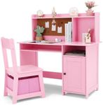 Kid's Study Desk and Chair Set for Boys & Girls – Wooden Ergonomic Design, Includes Built-In Chair Storage Bins & Bookshelf Organizer & Cork Bulletion Board, for Children Studying, Writing, Drawing