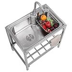 Utility Sink Extra-Deep Laundry Tub with Faucet and Storage Shelf, Free Standing Single Bowl Stainless Steel Commercial Sink Heavy Duty Floor Mounted Wash Station