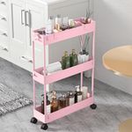 SPACELEAD Slim Storage Cart 3 Tier,Bathroom Organizer Rolling Utility,Mobile Shelving Unit Slide Out for Office, Kitchen, Laundry Room & Narrow Places,Pink