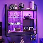 Bestier Gaming Floating Shelves, 34" LED Wall Mounted Shelf with Adjustable Glass Shelf, Pipe Shelves Hanging Display Rack Bookshelf with 6 S-Hook, Gaming Room Decor Wine Coffee Bar Black