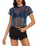 ADOREJOY Womens Mesh T Shirt Sheer See Through Short Sleeve Crew Neck Bodycon Blouse Tops (Radiant Blue, M)