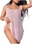 OYOANGLE Women's Plus Size Lace Sheer Chemise Nightgown and Thongs 2 Piece Lace Babydoll Lingerie Set Pink 4XL