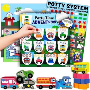 Potty TIME Adventures Potty Training Chart for Toddlers Toilet Training Advent Game Behavior Reward Chart by Lil ADVENTS - 14 Wooden Stacking Block Toys, Car Stickers, Activity Board (Busy Vehicles)