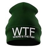 Fishing Gifts for Men - WTF Wheres The Fish Embroidered Carp Fishing Beanie Hat Mens Presents Funny Fishing Tackle (Bottle Green)