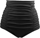 Tempt Me Women's High Waisted Swim Bottom Black Shirred Bikini Tankini Swimsuit Briefs Tummy Control Swim Shorts M