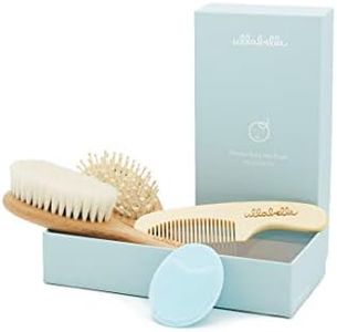 Ullabelle Wooden Baby Hair Brush & Comb Set for Newborns & Toddlers in Chic Gift Box, Ultra Soft Natural Goat Hair & Wood Baby Brush Set Prevents Cradle Cap, Perfect Registry Gift (Blue, 4 Brushes)