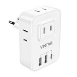 1 Pack European Travel Plug Adapter, VINTAR International Travel Adapter with 3 USB Ports(1 USB C) and 4 AC Outlets, 7 in 1 Type C Power Adaptor Charger for Canada to Most of Europe, Italy, White