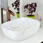 Reyal Marble Ceramic Tabletop Wash basin | Countertop Vessel Sink | Wash Basin over counter For Bathroom Hotel Home (18 x 13 x 5.5 Inch) Marble Basins (White Light Marble - Glossy)