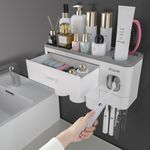 iHave Toothbrush Holder Bathroom Organiser, 3 Cups Toothbrush Holder Wall Mounted with Toothpaste Dispenser, Large Capacity Tray, Cosmetic Drawer, 6 Brush Slots with Cover Tooth Brush Holder