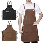 2PCS Chef Apron for women men,Adjustable Canvas Apron with Large Pockets,Crossback,Waterproof Cooking Chef Apron Kitchen Cooking, Artist Painting, Server Work Apron for Barista(Black and Camel)