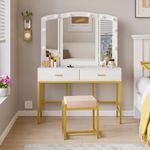 Semiocthome White Makeup Vanity Desk with Mirror and Lights, Make Up Vanity with Power Strip, 39.4" W Vanity Table with 2 Drawers and Stool for Girls, Vanity Set with Gold Metal Frame for Bedroom