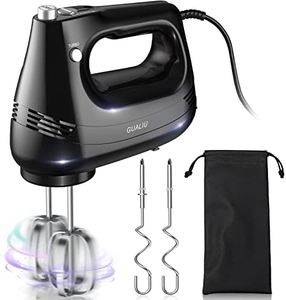 GUALIU Electric Hand Mixer with Stainless Steel Whisk, Dough Hook Attachment and Storage Bag, Handheld Mixer for Baking Cakes, Eggs, Cream Food Mixers. Turbo Boost /5 Speed Kitchen Blender