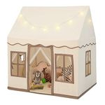 COSTWAY Kids Play Tent, Indoor Large Playhouse with Star Lights, Non-slip Mat and Windows, Castle Fairy Tents for Children Boys & Girls Gift (Beige+Coffee)