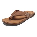 OLUKAI Tuahine Men's Beach Sandals, Quick Dry Flip-Flop Slides, Waterproof Full-Grain Leather & Wet Grip Soles, Soft Comfort Fit & Arch Support, Toffee/Toffee, 8