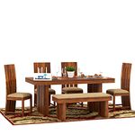 Krishna Wood Decor Wood Dining Table 6 Seater with Chair, 6 Seater Dining Table Wooden, Sheesham Wood, Six Dining Table and 4 Chairs 1 Bench, Home Furniture, Dining Room Set | Dining Table Set | Honey