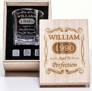 Personalized Vintage Birthday Gifts for Men - 11 oz Engraved Bourbon Glass - Vintage Whiskey Cup in Wooden Box - 4 Designs Custom Scotch Gift For Him - Funny Birthday Gift Ideas
