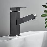 Faucets,Bathroom Sink Faucet with Pull Out Sprayer, Single Handle Basin Mixer Tap for Hot and Cold Water, Lavatory Pull Down Vessel Sink Faucets with Rotating Spout(Black)/Square Low