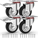 GBL Heavy Duty Castor Wheels with 2 Brakes + Screws - 75mm up to 200KG - Pack of 4 No Floor Marks Silent Caster for Furniture - Rubbered Trolley Wheels - Silver Castors