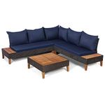 COSTWAY 5 Seater Garden Rattan Corner Sofa Set, Acacia Wood Patio Conversation Set with 2 Loveseats, 1 Sofa Chair, 1 Table and Cushions, Outdoor Sectional Wicker Furniture Set for Backyard Poolside