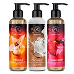 Sensual Massage Oil Vanilla & Coconut & Strawberry 3x200ml - Edible & Kissable Massage Oil - Coconut Oil - Blend of Almond and Grapeseed Oils - Relaxing Massage Body Oil - Aromatherapy Massage Oil